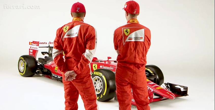 Vettel und Räikkönen vorm neuen Ferrari. Credit: Ferrari