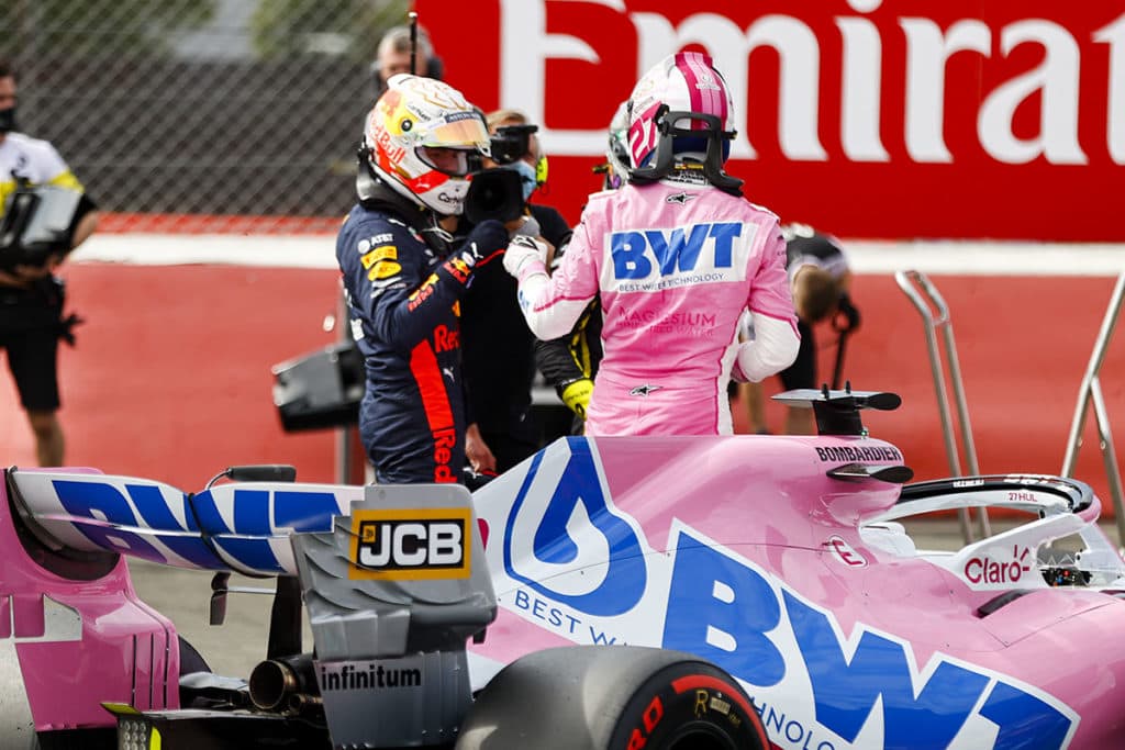 Max Verstappen, Red Bull Racing and Nico Hulkenberg, Racing Point celebrate in Parc Ferme