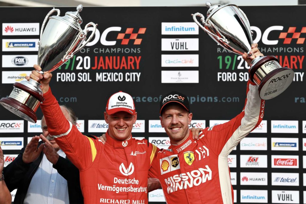 Mick Schumacher und Sebastian Vettel beim Race of Champions. Credit: RoC