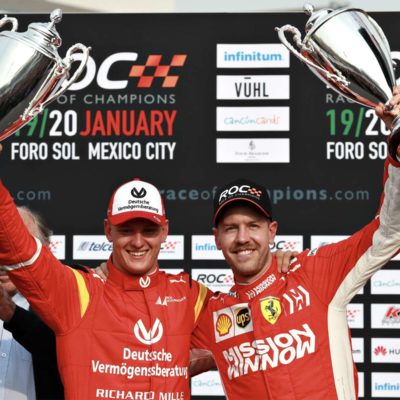 Mick Schumacher und Sebastian Vettel beim Race of Champions. Credit: RoC