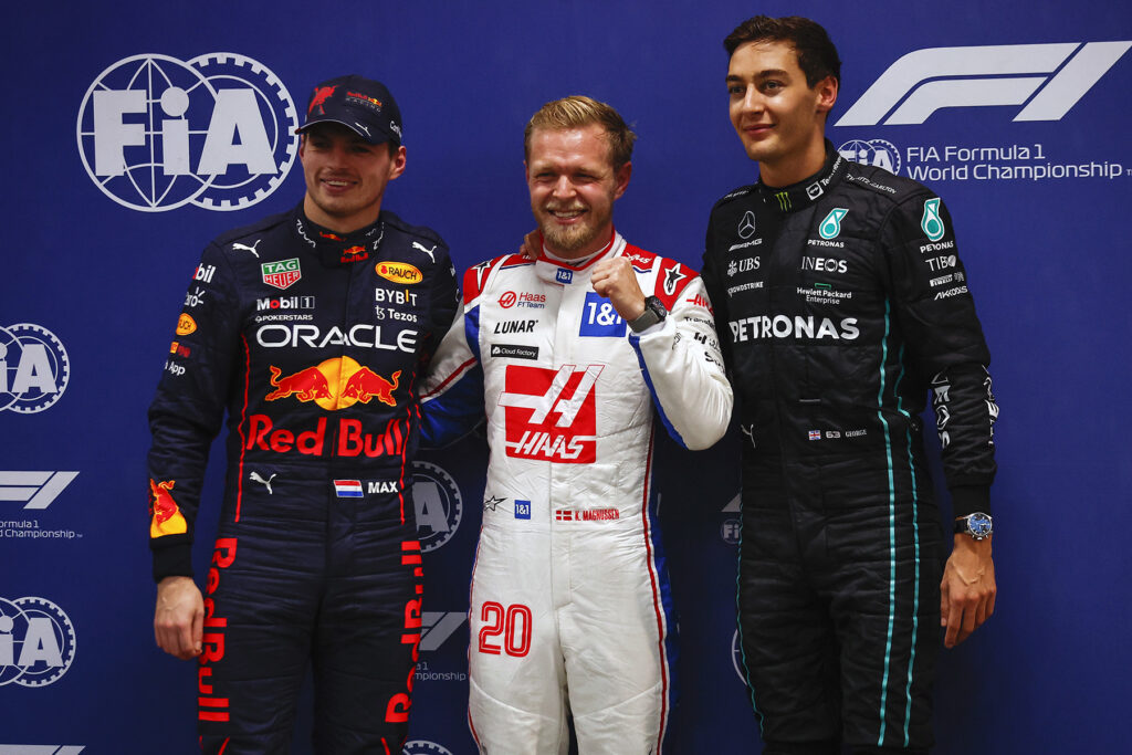 Formel 1 Max Verstappen, Kevin Magnussen und George Russell. Brasilien 2022
