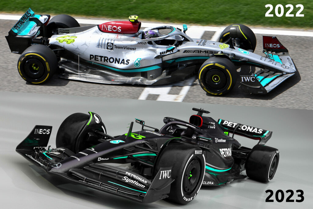 Formel 1 Mercedes W14 neues Auto 2023 und W13 aus 2022 Vergleich