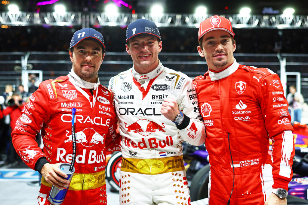 Formel 1 Sergio Perez, Max Verstappen und Charles Leclerc. Credit: Red Bull Content Pool