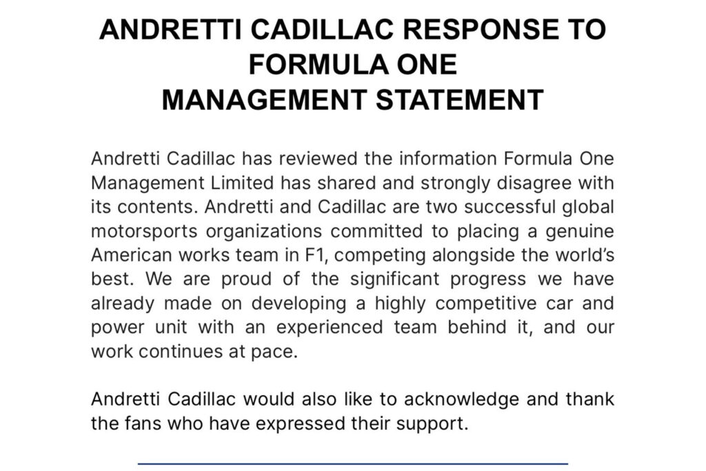 F1 Andretti Cadillac Statement 2024