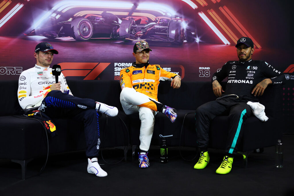 Formel 1 Max Verstappen, Lando Norris und Lewis Hamilton Singapur PK 2024