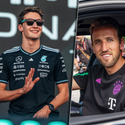 George Russell und Harry Kane. Credit: Richard Pardon / Mercedes; Audi AG