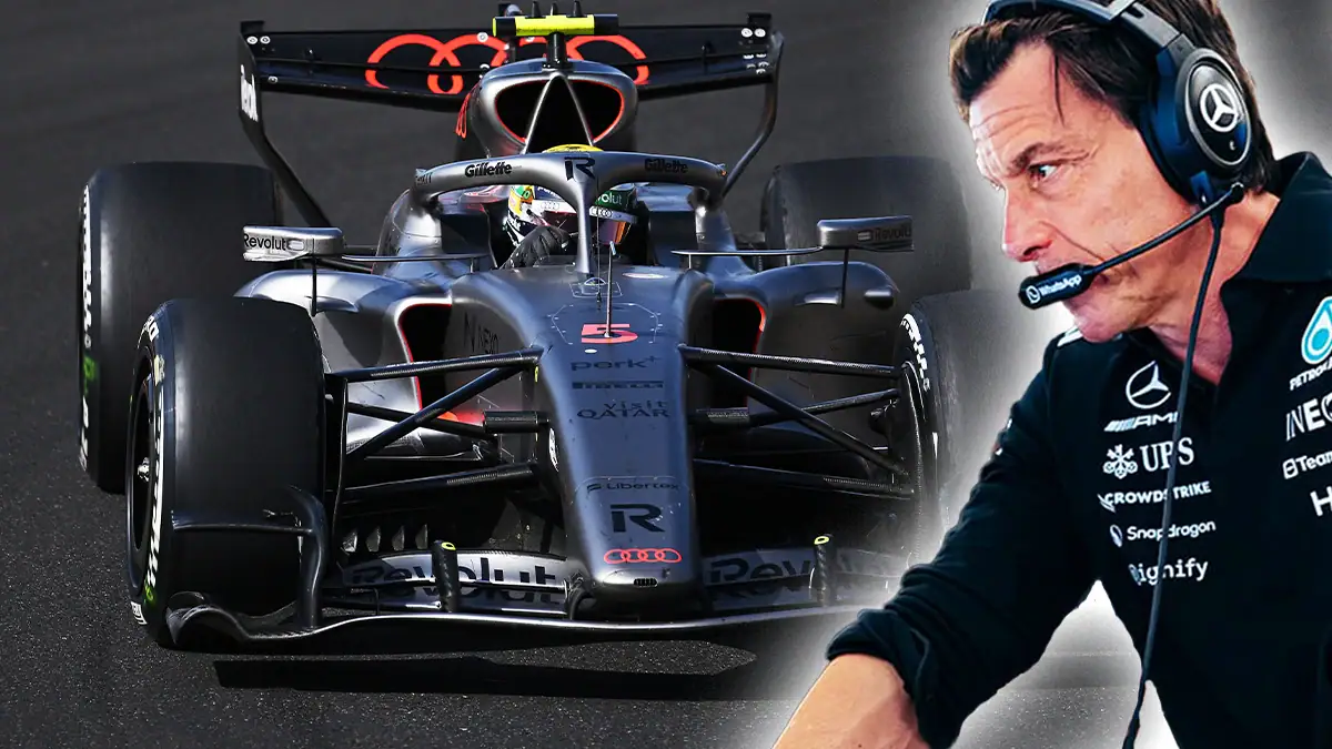 Gabriel Bortoleto, Toto Wolff, Credit: Audi, Mercedes / Montage