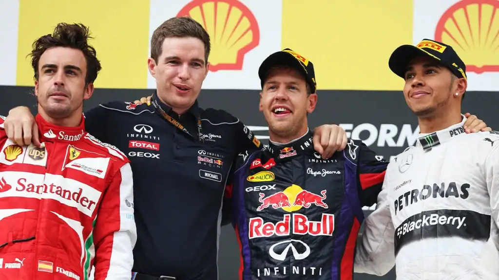 Fernando Alonso, Michael Manning, Sebastian Vettel, Lewis Hamilton, Credit: Red Bull Content Pool