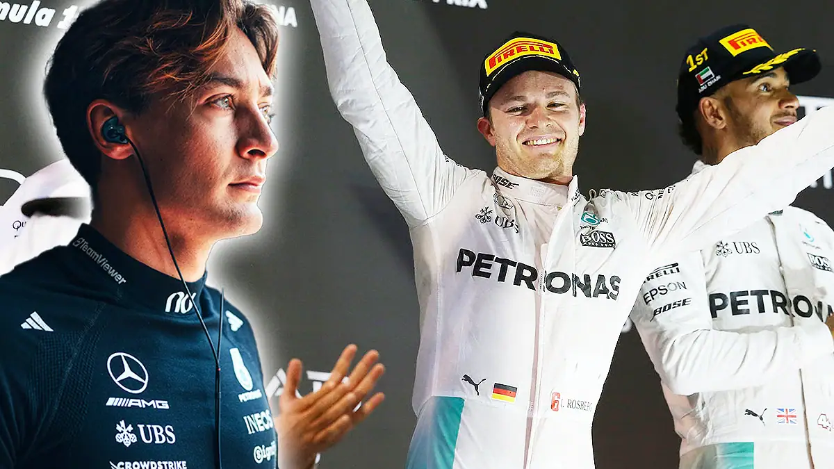 George Russell, Nico Rosberg, Lewis Hamilton, Credit: Mercedes/Montage